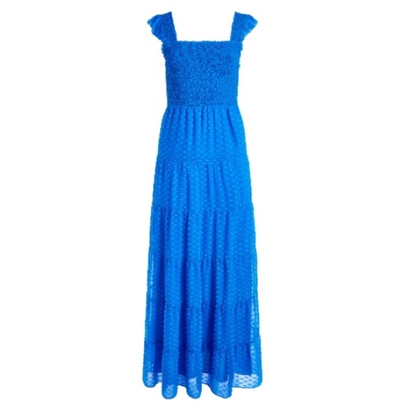 Alice+Olivia KIZZIE SMOCKED FLUTTER SLEEVE TIERED MAXI DRESS SZ 2 Blue Romantic - Picture 5 of 16